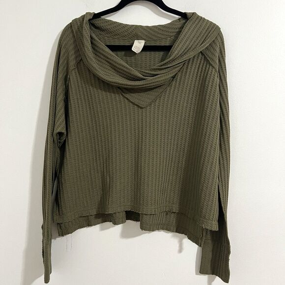 Free People Wildcat Thermal Sweater Womens M Olive Green Cowl Neck Pullover Boho - Picture 1 of 6